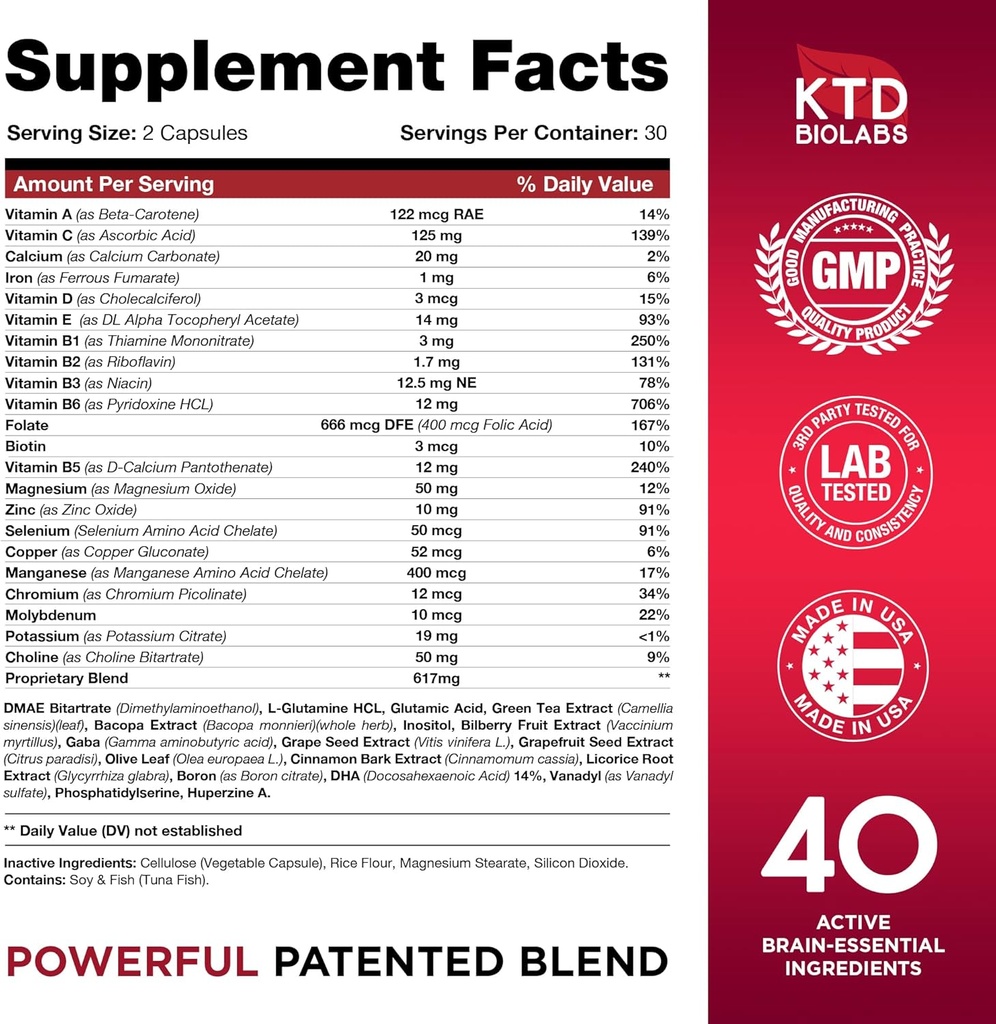 Nootropics Brain Support Supplement - Made in USA - Natural Brain Booster Supplement for Focus, Memory, Clarity, Energy Enhancement - Bacopa Monnieri, Choline & DMAE, 60 Capsules 3