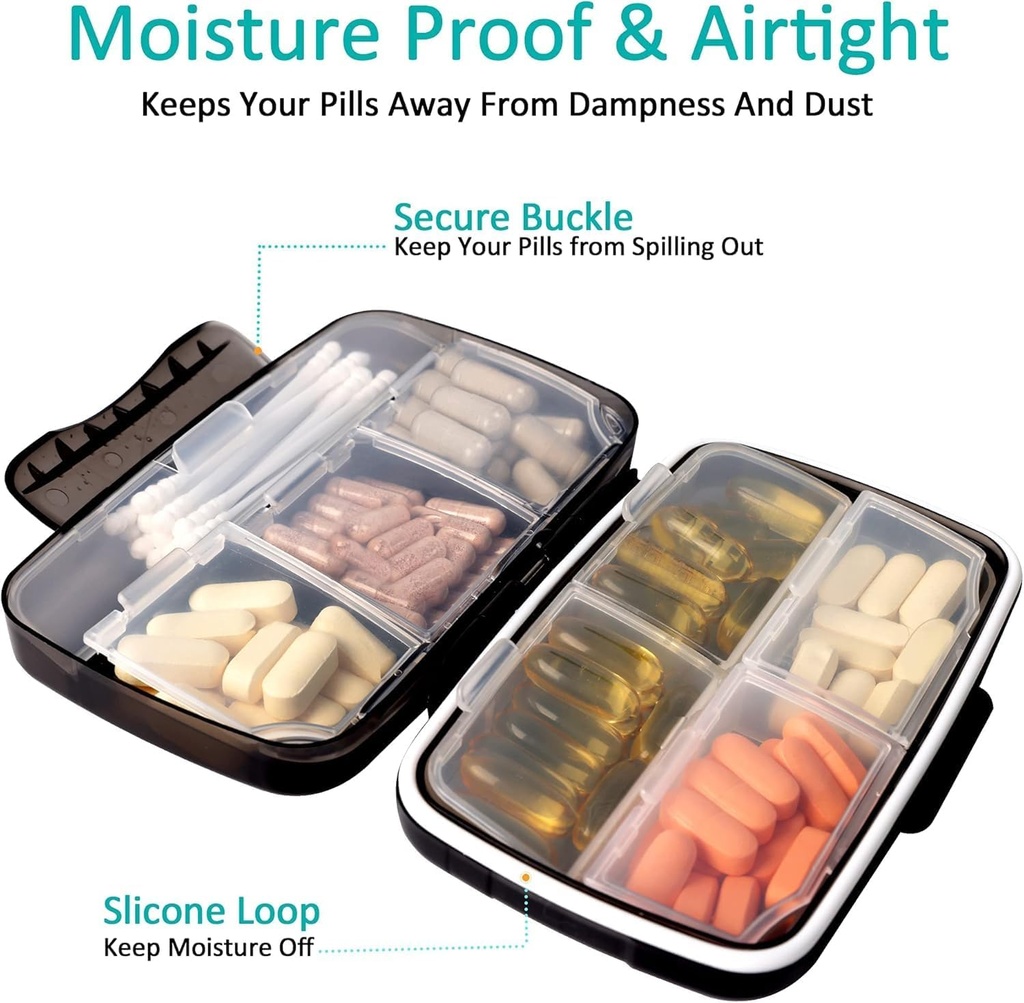 Travel Pill Organizer Large Portable Medication Fullicon Oversize 8 Compartment Pill Box, Vitamin Travel Case Pill Holder - Airtight & Moistureproof (Black) 4