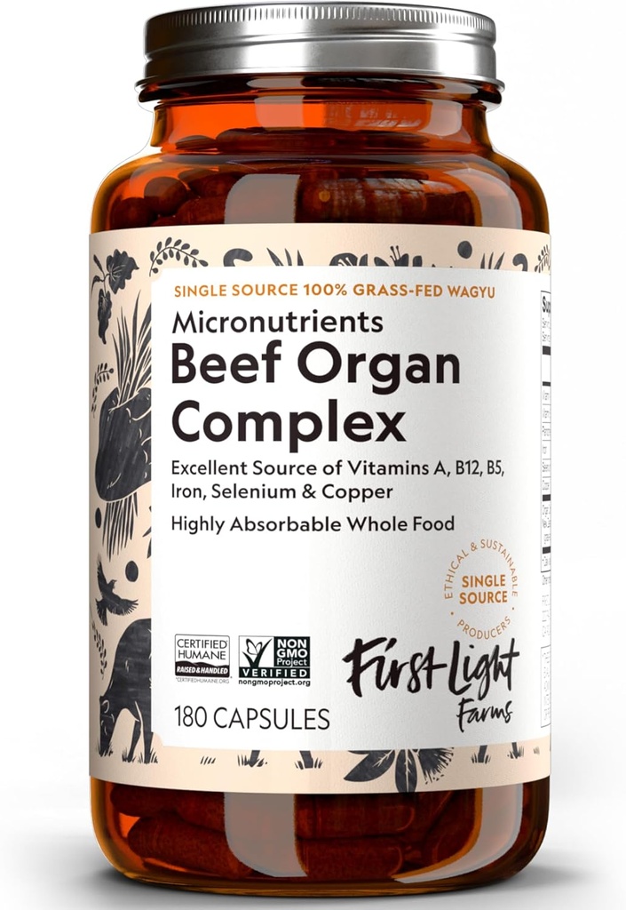 First Light Farms Freeze-Dried Wagyu Beef Organ Supplement Grass-Fed | 180 Capsules | Whole Food Nutrition with Liver, Heart, Kidney & Spleen | Beef Organ Complex, Certified Humane 2