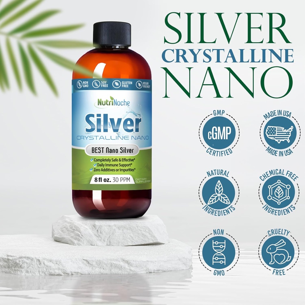 NutriNoche Colloidal Silver Liquid - Premium Silver for Immune Support - Organic Plata Coloidal para Tomar - 99.99% Ultra Pure Nano Particles for Optimal Absorption - 30 ppm 8 oz 6