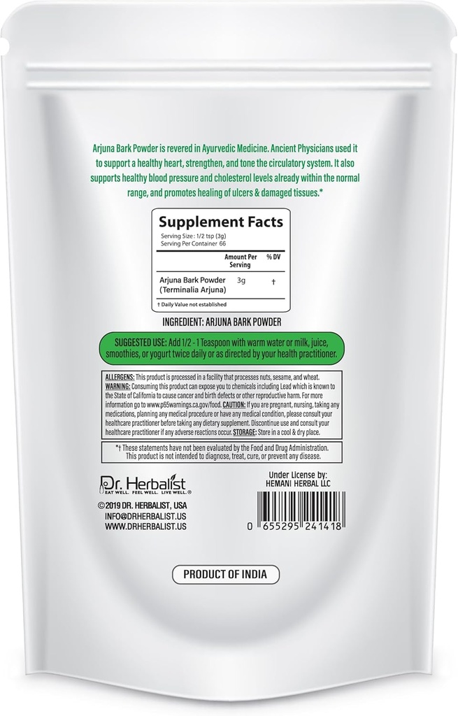 DR Herbalist Arjuna Powder - 200g - 100% Herbal, Natural & Authentic - Herbal Powder for Heart Health - Resealable Pouch 6