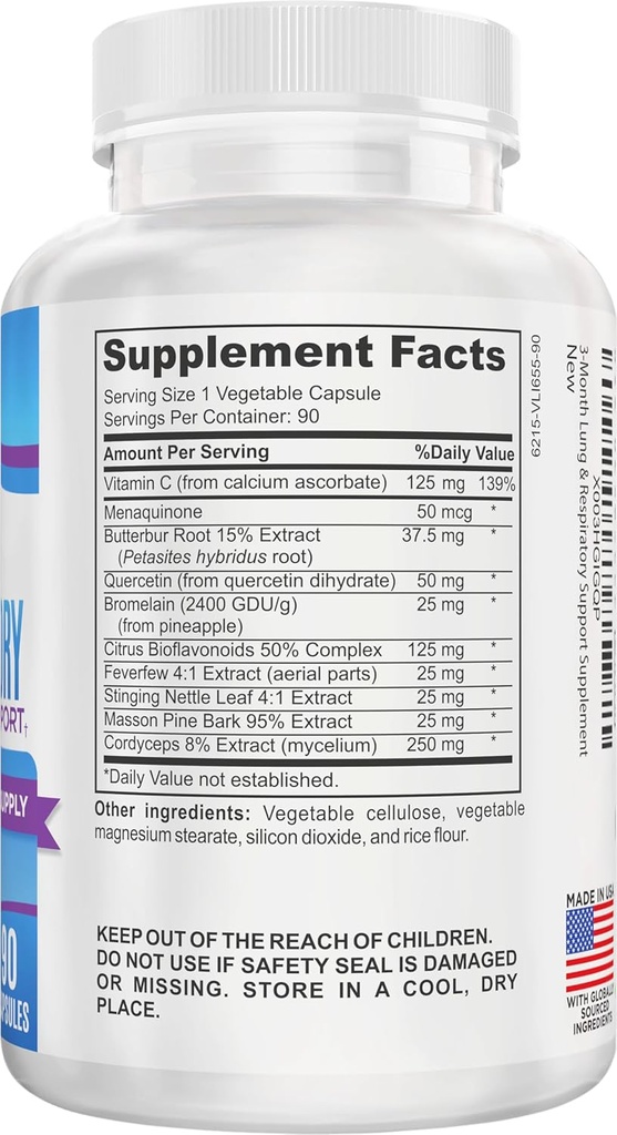 3-Month Lung & Respiratory Support (All-in-1) Supplement Complex Seasonal Formula | 10 Active Ingredients | Natural Daily Lung Nutrients | Respiratory Health Supplements | 90-Day Supply | 90 Capsules 3