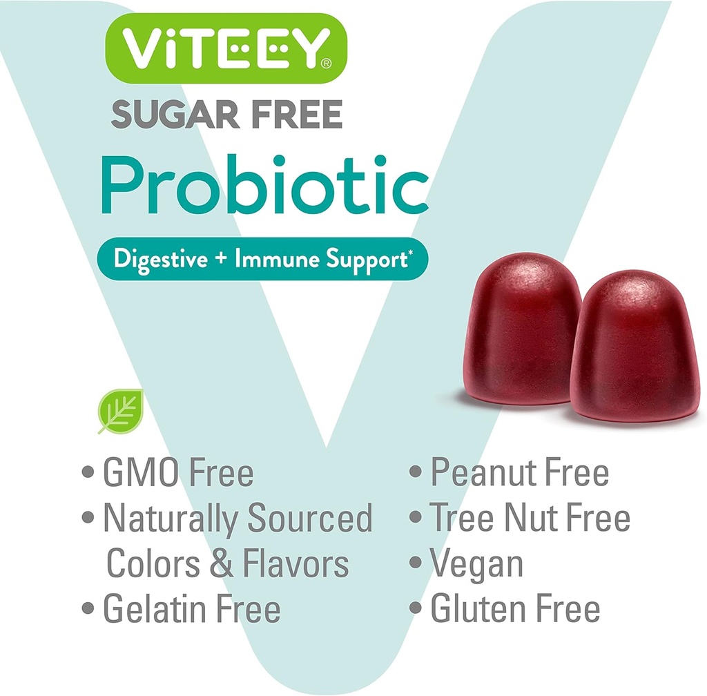 Viteey Probiotic Gummies for Women, Men & Teens, 2 Billion CFUs - Sugar Free - Immune Booster, Digestive Support, Gut Health - Vegan, Gelatin Free, GMO Free - Tasty Chewable Raspberry Flavored Gummy 6
