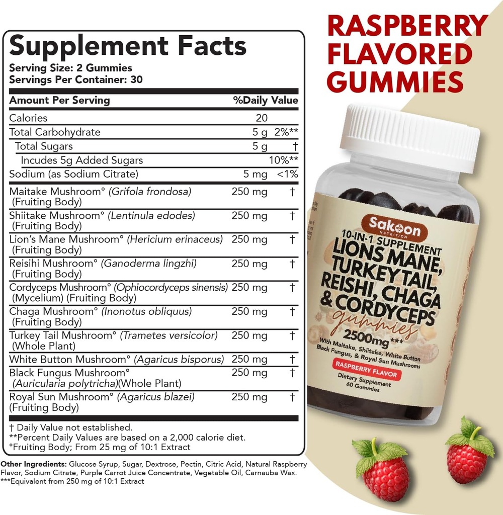 Sakoon nutrition Lions Mane Mushroom Gummies with Turkey Tail, Reishi & More, 2500mg, 60 Count, Raspberry Flavored 3