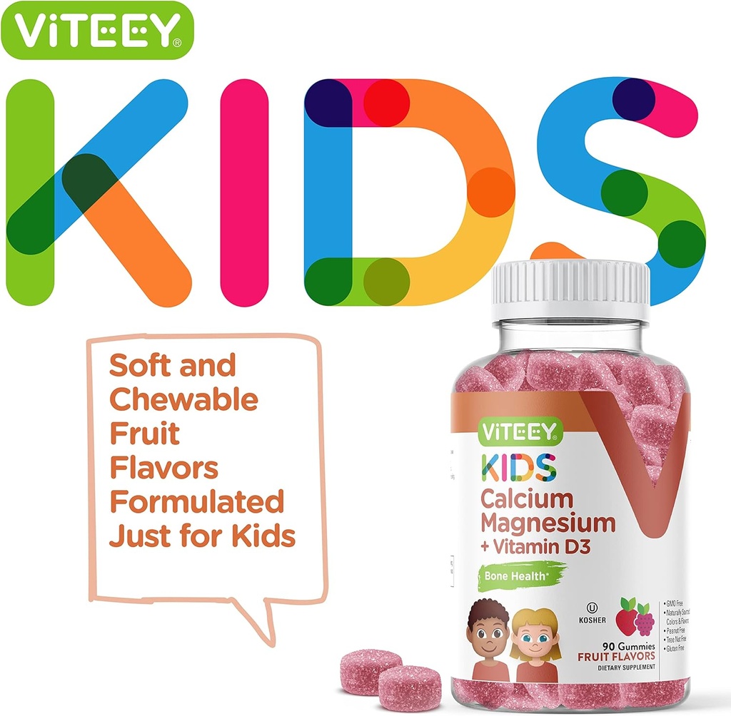 VITEEY Kids Calcium Gummies + Vitamin D3 & Magnesium Citrate for Kids and Teens - Supports Bone Health, Immune Support, Energy & Muscle Function - Gluten Free, GMO Free - Tasty Chewable Fruit Flavored 3