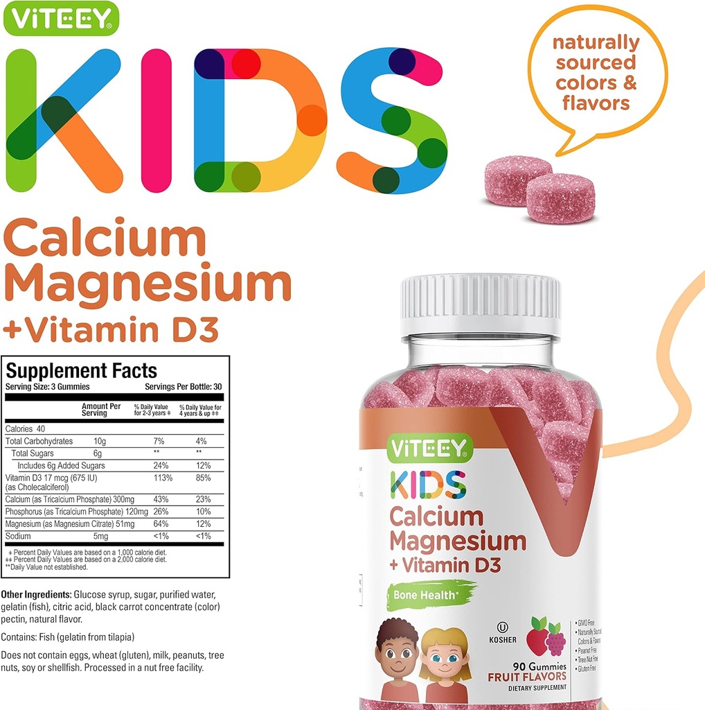 VITEEY Kids Calcium Gummies + Vitamin D3 & Magnesium Citrate for Kids and Teens - Supports Bone Health, Immune Support, Energy & Muscle Function - Gluten Free, GMO Free - Tasty Chewable Fruit Flavored 5