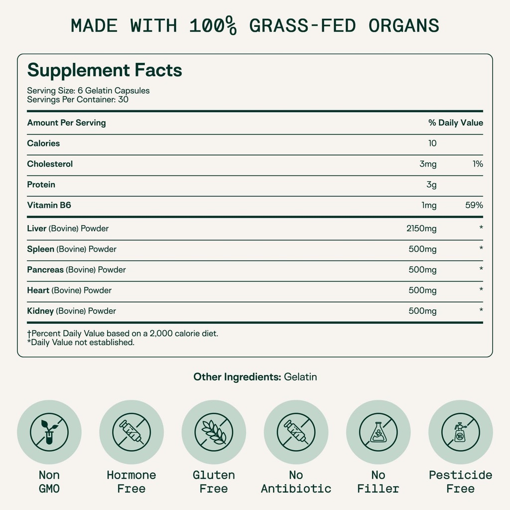 Adapt Naturals Organ Supplement, Bioavailable Grass Fed Beef Liver Capsules, Blend of Liver, Heart, Kidney, Pancreas & Spleen, Support Liver Cleanse Detox & Repair | Source of CoQ10-30 Days Supply 3