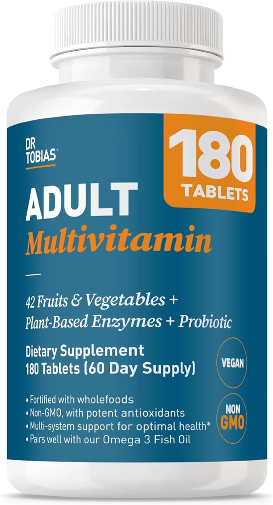 Dr. Tobias Adult Multivitamin for Women & Men, Immune Supporting Vitamins from 42 Fruits, Vegetables, Plus Probiotics, Vegan Multivitamins for Men & Women, Non-GMO, 180 Tablets, 60 Servings 2