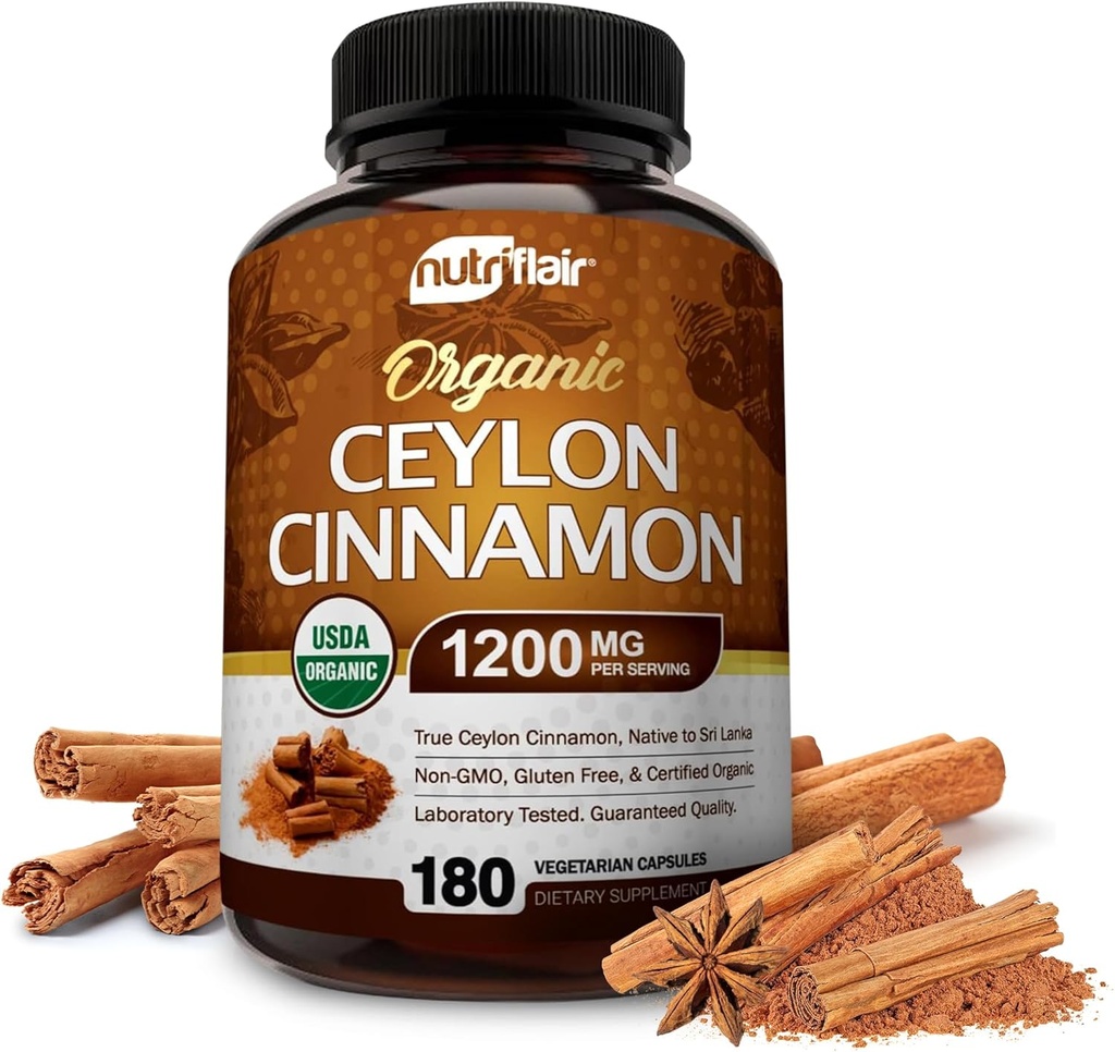 NutriFlair Organic Ceylon Cinnamon (100% Certified Organic Ceylon Cinnamon) 1200mg per Serving, 180 Capsules - Joints, Inflammatory, Antioxidant 2