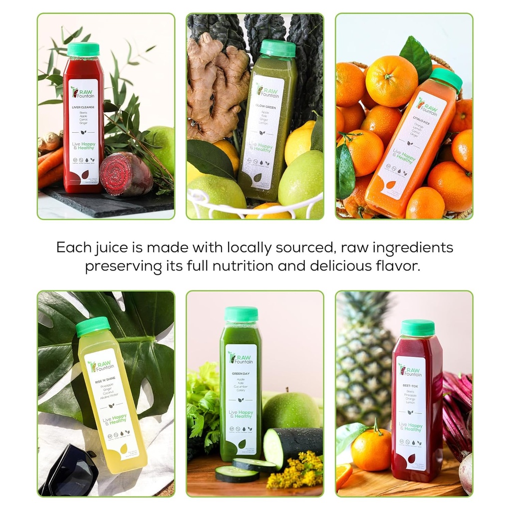 5 Day Juice Cleanse by Raw Fountain, All Natural Raw Detox Cleanse, Juicing for Body Rest, Cold Pressed Juice Fast, Great Way to Jumpstart a Healthy Diet, 30 Bottles 12oz, 5 Ginger Shots 3