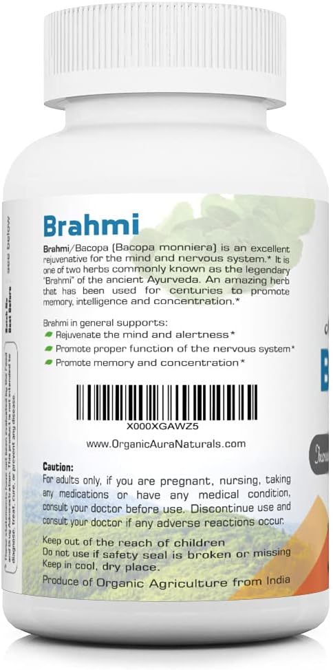 Organic Aura Brahmi Capsules -120 Count. Naturally Strengthens and Boosts Immunity and Memory. Whole Green SuperFood. Non GMO - Gluten Free. 3