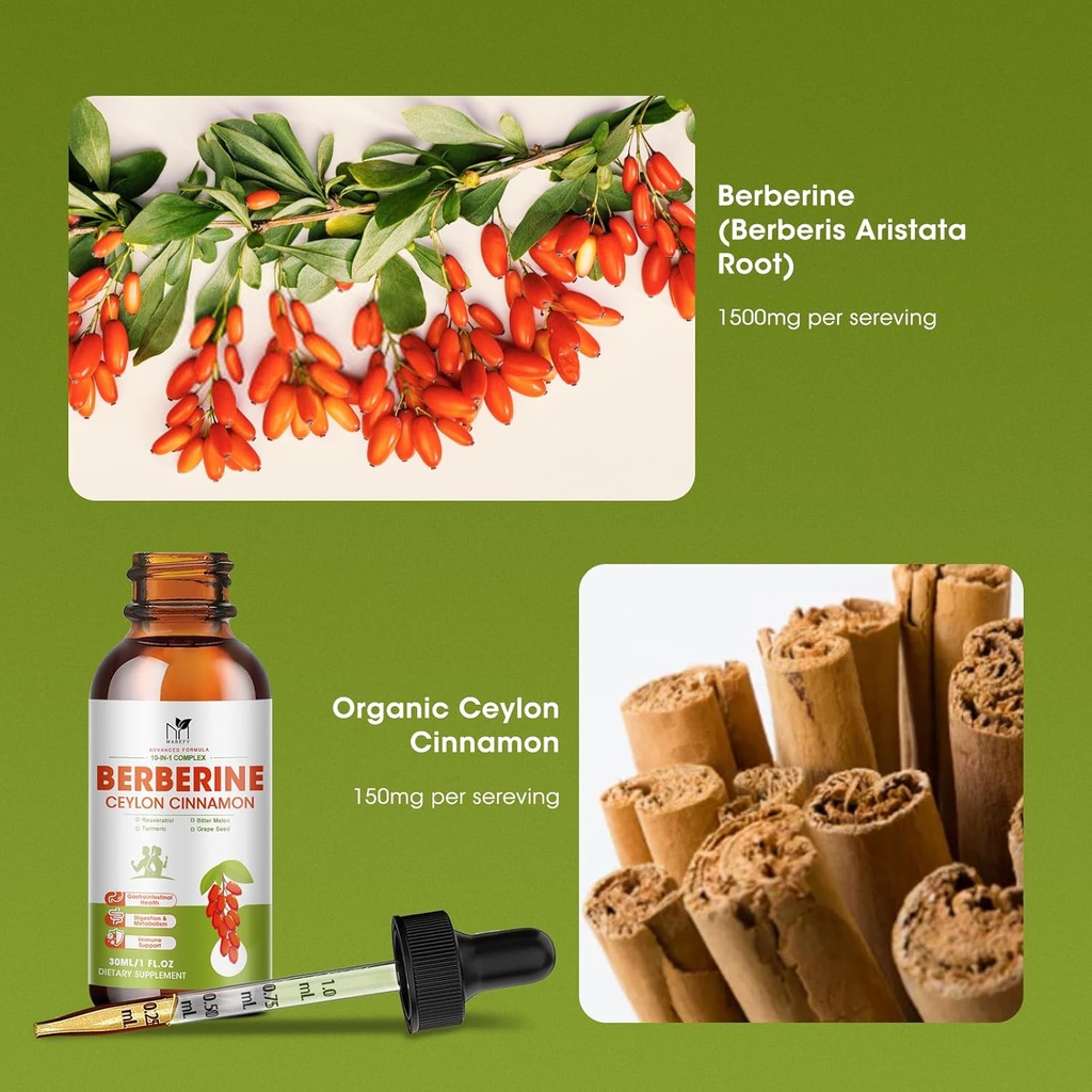 Berberine Supplement Liquid Drops, Berberine 1500mg with Ceylon Cinnamon, Turmeric, Resveratrol, Bitter Melon, Vegan Supplement, Supports Immune System & Digestive System - 2 FL Oz 3