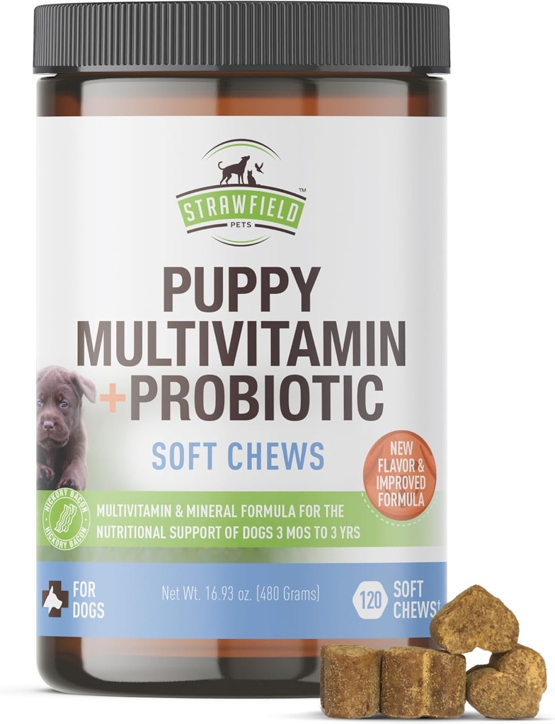Strawfield Pets' Puppy Multivitamin + Probiotics for Dogs Puppy Vitamins with Joint Support Supplement for Dogs & Puppies Tasty Bacon Flavor 120 Soft Chews 2