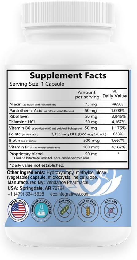 B Complete with Folate, All Vitamins B1, B2, B3, B5, B6, B7, B9, B12, and Choline Bitartrate for Energy, Brain Clarity, Neuro, Metabolism 100 Vegan Capsules 3