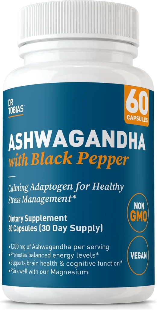 Dr. Tobias Ashwagandha Capsules, 1300mg Organic Ashwagandha Root Extract Per Serving with Black Pepper, Calming Adaptogen, Energy & Focus Supplement, 60 Vegetarian Capsules 2