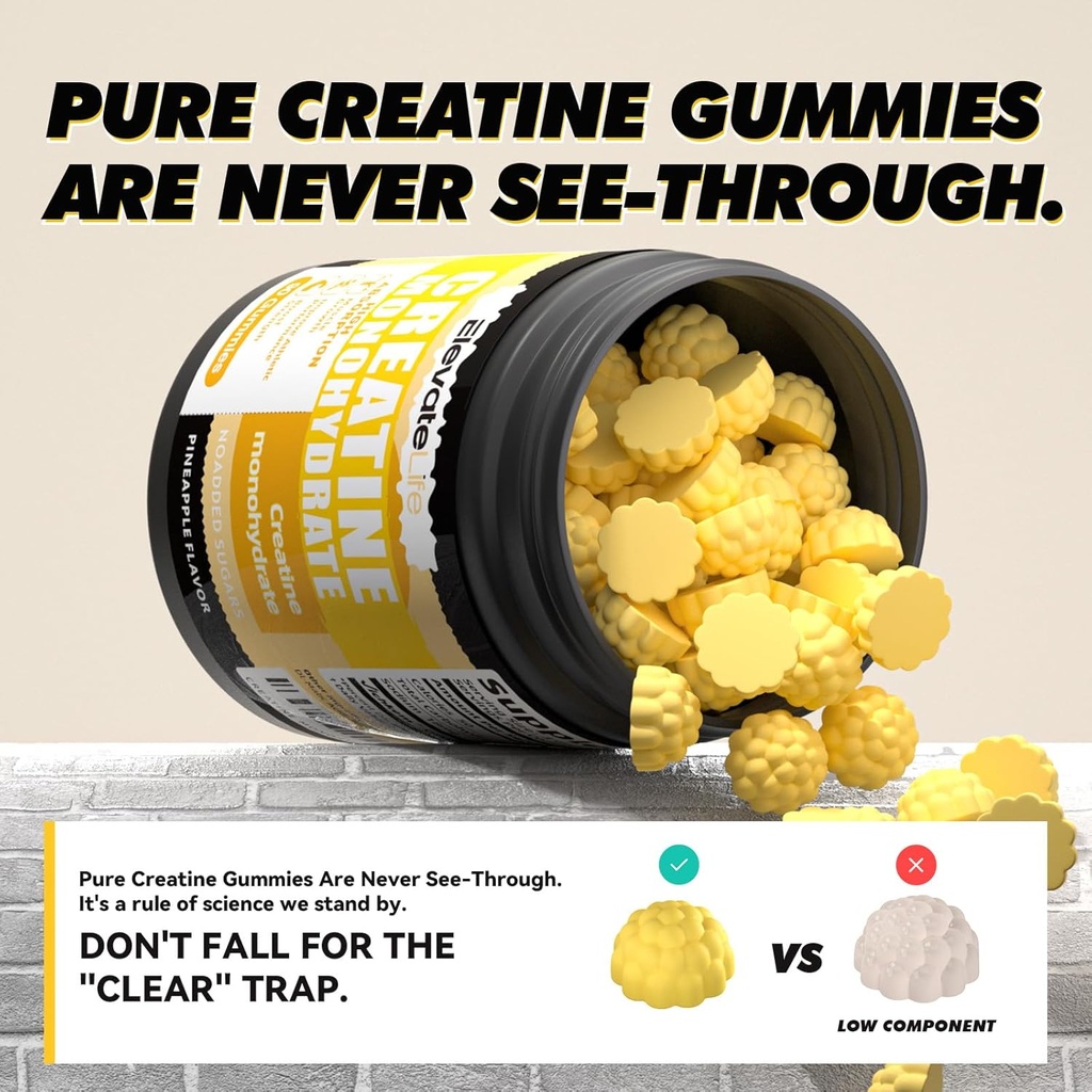 ElevateLife Creatine Monohydrate Gummies 5g for Men Women - Sugar Free Chewable Supplement. 90 Gummies Lemon 4