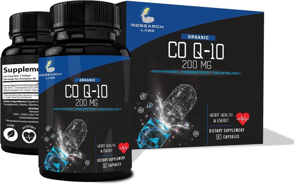 Research Labs Advanced Absorption 200mg CoQ10 w/Black Pepper Extract. 90 Softgels. Organic, Gluten Free, Heart Health Support, Energy Production, Antioxidant Supplement 2