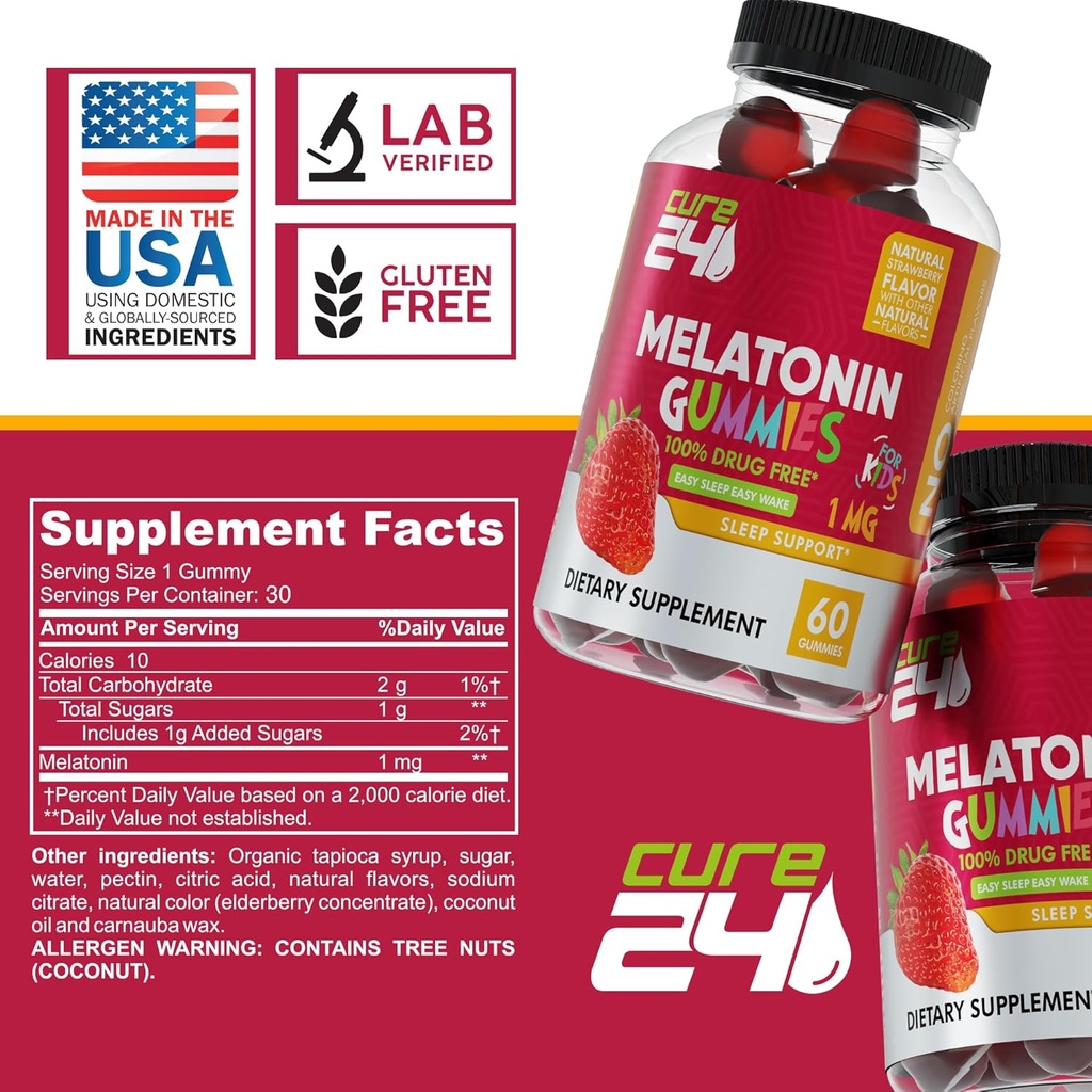 Kids Melatonin Gummy, Effective 1MG Sleep Gummies Supplement for Children 3+, Drug-Free, Natural Fruity Strawberry Flavor, Made in USA 5