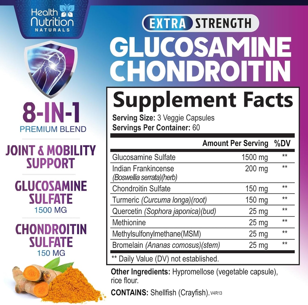 Glucosamine Chondroitin 2100mg - 3X Strength Joint Support Supplement with MSM, Glucosamine Sulfate, Turmeric, Boswellia, Quercetin for Cartilage, Flexibility & Mobility, Bottled in USA, 180 Capsules 3