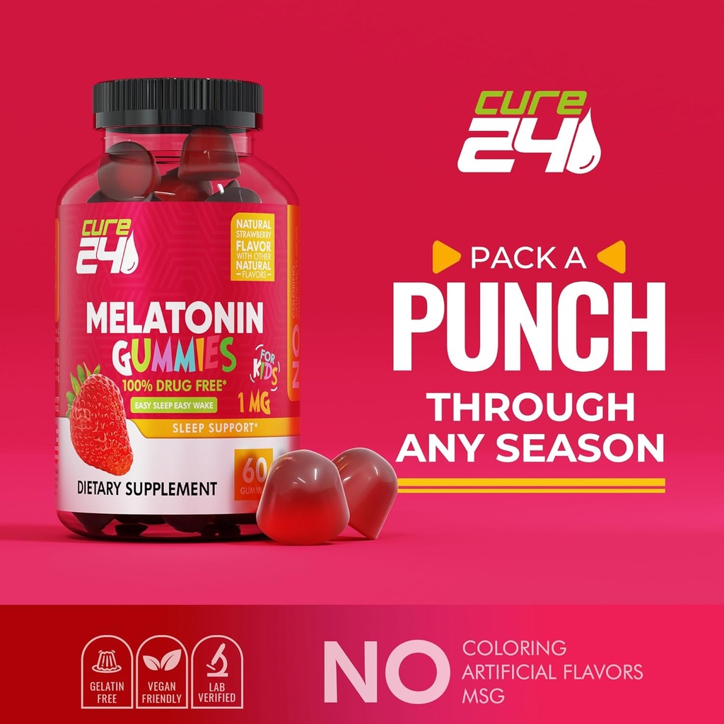 Kids Melatonin Gummy, Effective 1MG Sleep Gummies Supplement for Children 3+, Drug-Free, Natural Fruity Strawberry Flavor, Made in USA 6
