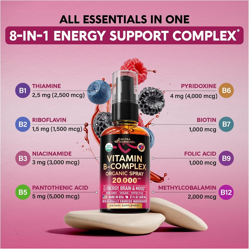 USDA Organic Vitamin B-Complex Liquid Spray 8-in-1 - B5 Pantothenic Acid | B12 Methylcobalamin | B1 Thiamine | B6 Pyridoxine | B7 Biotin | B9 Folic | B3 Niacinamide - Made in USA Supplement, 2fl oz 6