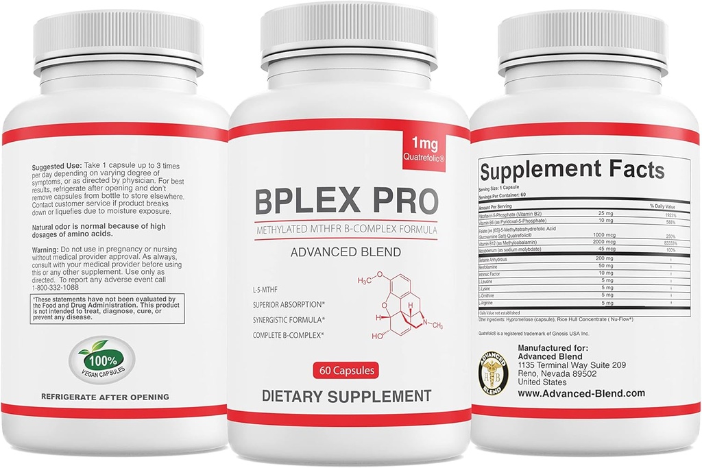 Advanced Blend MTHFR with 1000 mcg Quatrefolic. 1500 mcg Methylcobalamin with Amino Acids to Aid in Detox. Intrinsic Factor for B12 Absorption. 60 Veggie Capsules. 2