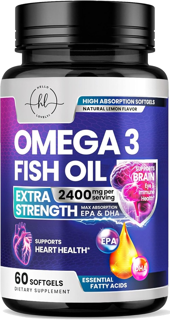 Omega 3 Fish Oil Supplements 2400mg - Triple Strength Omega 3 Fatty Acids, Natural Heart Health Brain & Joint Support - Fatty Acids with EPA & DHA - Wild Caught Fish Oil Supplement - 60 Softgels 2
