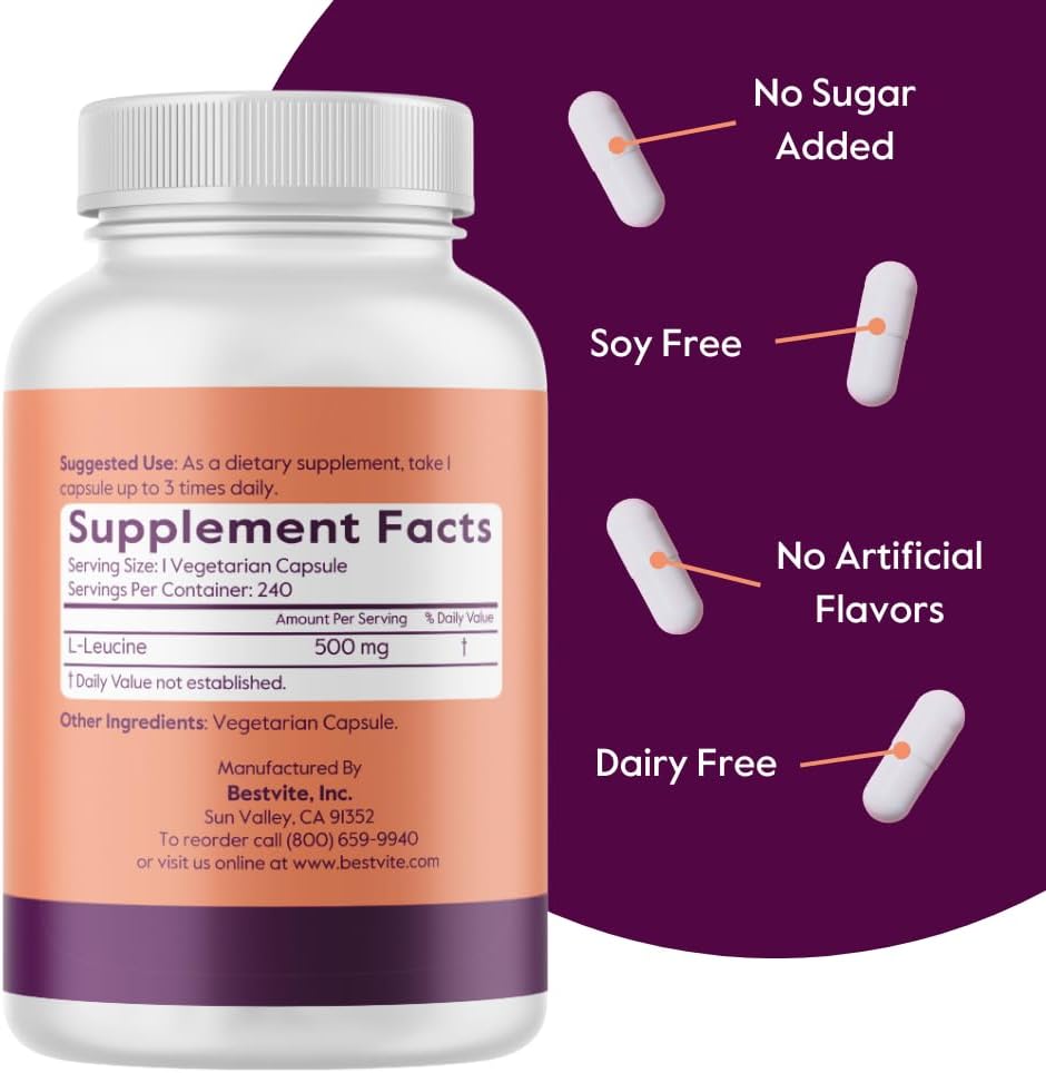 BESTVITE Filler-Free L-Leucine 500mg per Capsule (480 Vegetarian Capsules) (240x2) – No Stearates, No Fillers – Vegan, Non-GMO, Gluten-Free Leucine Supplement – Essential Amino Acid Supplement 4