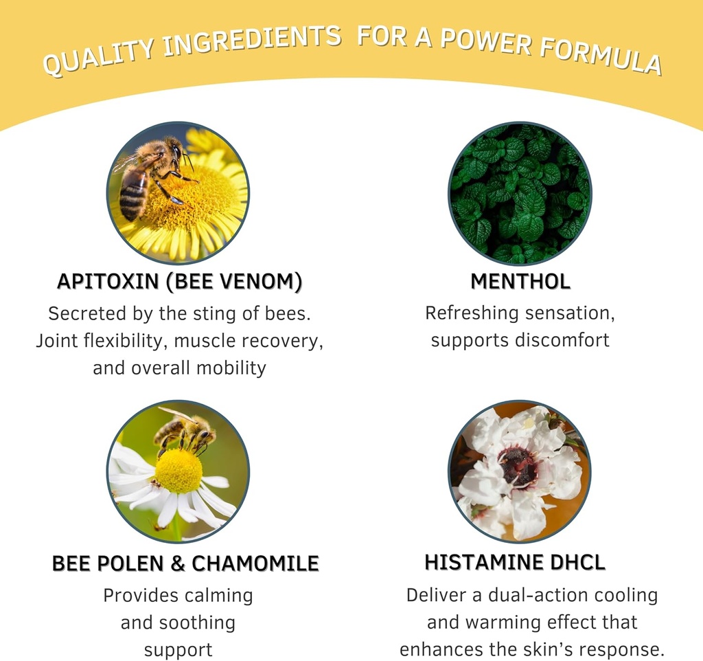 Bee Venom Cream - Natural Apitoxin with Bee Pollen, Chamomile, Menthol - Bee Venom Joint Cream for Muscle, Bone & Joints, Quick Relief, Sprains, Strains - Extra Strength Formula - 2oz 6