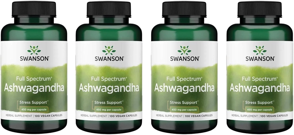 Swanson Ashwagandha Powder Supplement - with Ashwagandha Root to Promote Stress Relief & Energy - Ayurvedic Supplement for Natural Wellness (100 Capsules, 450mg Each) 4 Pack 2
