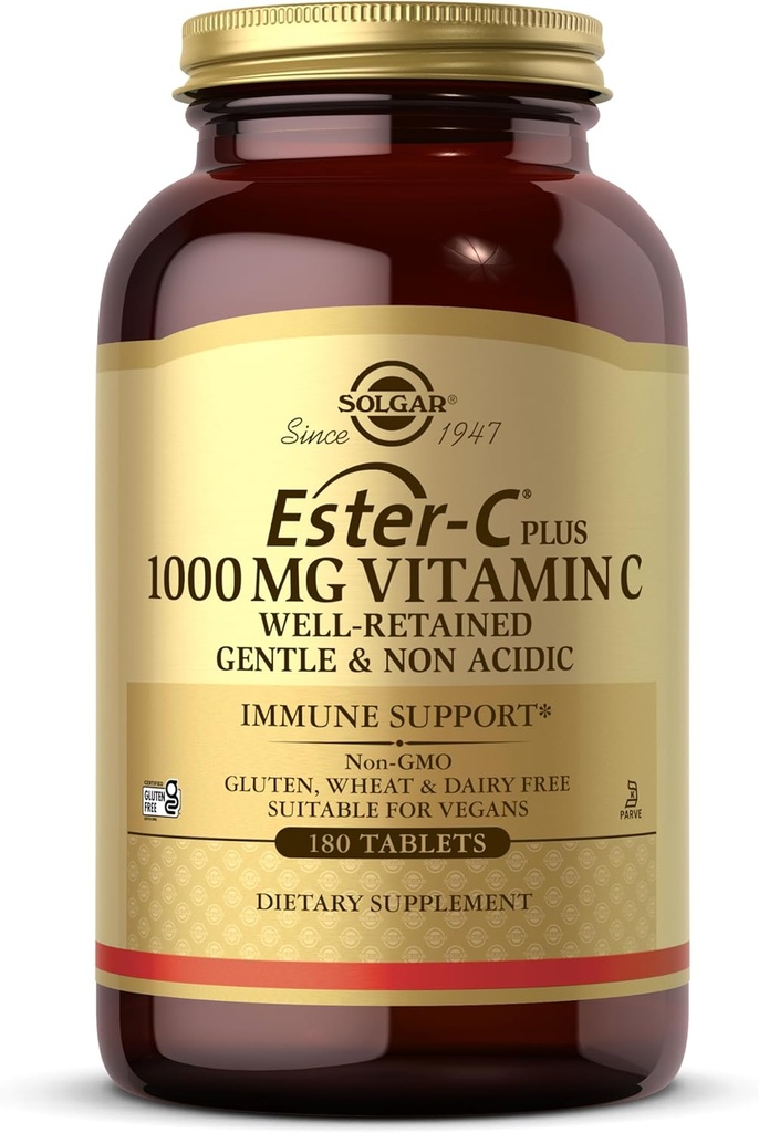 Solgar Ester-C Plus 1000 mg Vitamin C (Ascorbate Complex) - 180 Tablets - Gentle & Non Acidic - Supports Upper Respiratory Health - Non-GMO, Gluten-Free - 180 Servings 2