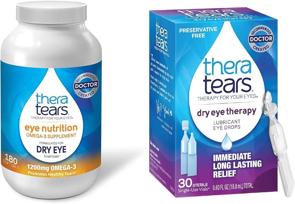 TheraTears 1200mg Omega 3 Supplement for Eye Nutrition, Organic Flaxseed Triglyceride Fish Oil & Dry Eye Therapy Lubricating Eye Drops for Dry Eyes, Preservative Free Eye Drops 2