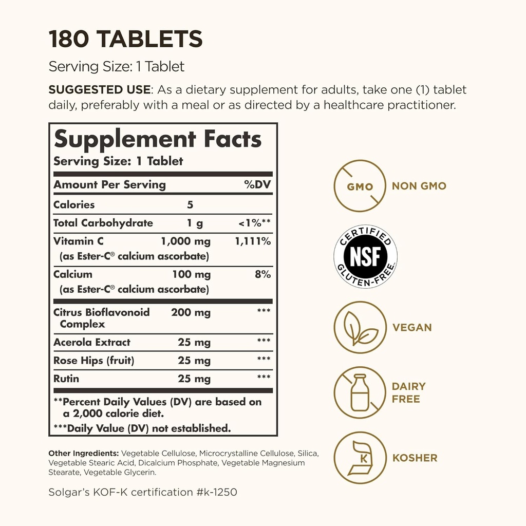 Solgar Ester-C Plus 1000 mg Vitamin C (Ascorbate Complex) - 180 Tablets - Gentle & Non Acidic - Supports Upper Respiratory Health - Non-GMO, Gluten-Free - 180 Servings 3