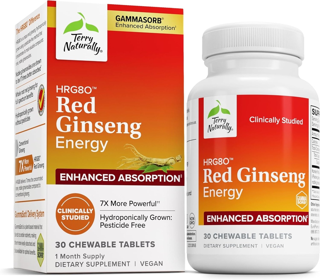 Terry Naturally HRG80 Red Ginseng Energy - Support Healthy Energy & Focus - Herbal Supplement with Korean Red Ginseng Root Powder - Vegan Tablets to Aid Healthy Endurance - 30 Chewable Tablets 2