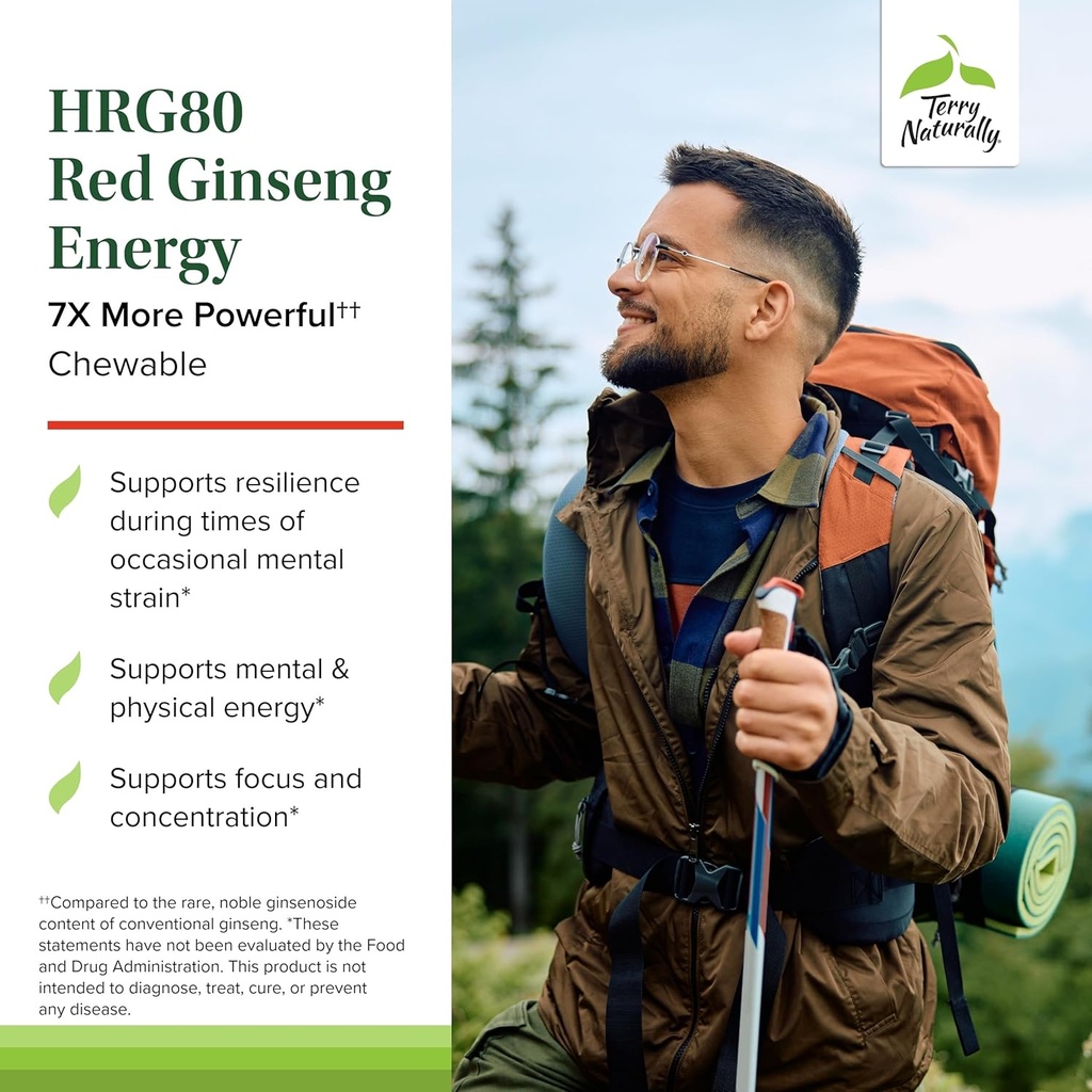 Terry Naturally HRG80 Red Ginseng Energy - Support Healthy Energy & Focus - Herbal Supplement with Korean Red Ginseng Root Powder - Vegan Tablets to Aid Healthy Endurance - 30 Chewable Tablets 4