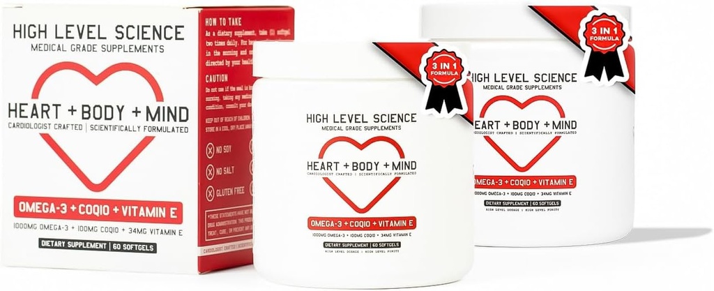 High Level Science CoQ10, Omega-3, Vitamin E, Cardiologist Formulated for Heart + Body + Mind Health, DHA/EPA, Antioxidant for Energy, Superior Bioavailable Fish Oil, Gluten Free, 60 Softgels - 2 Pack 2