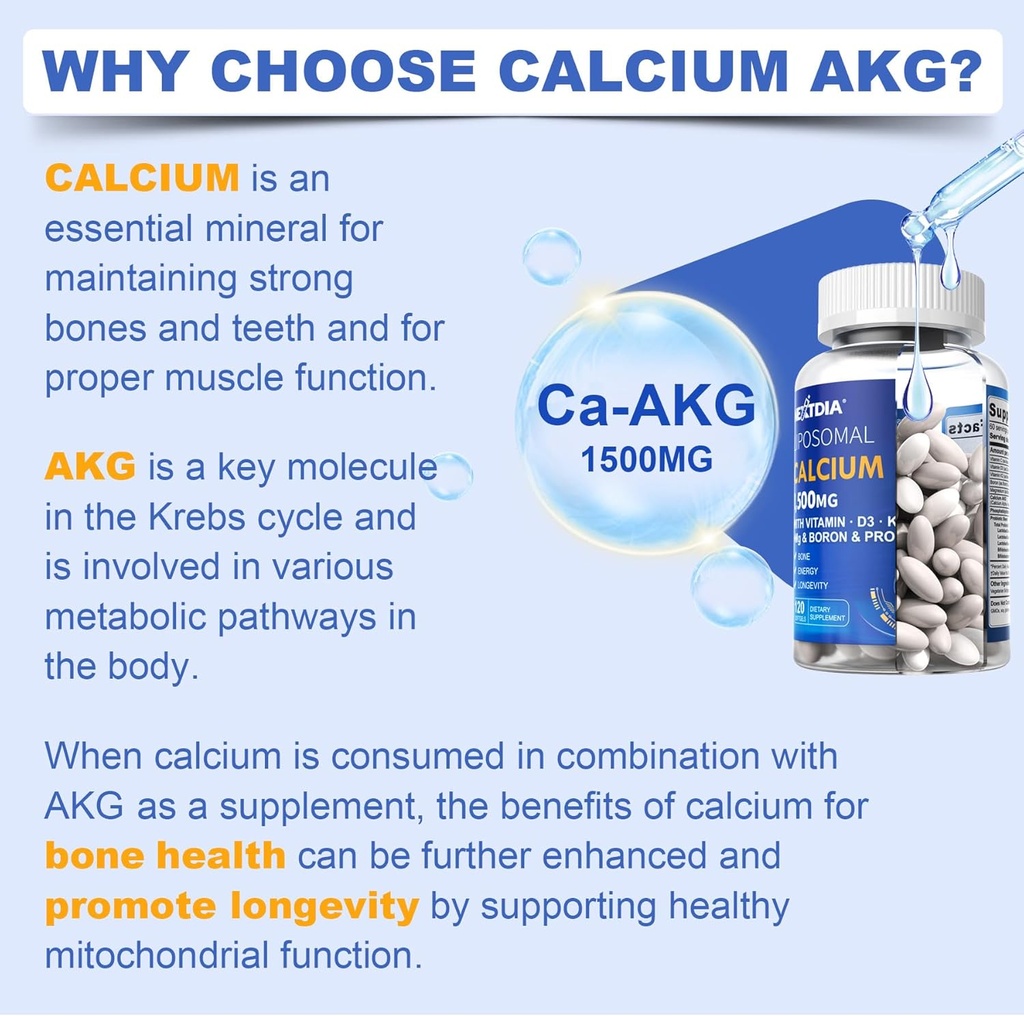 2 Pack Liposomal Calcium AKG Supplement 1500mg with Vitamin D3 & K2 for Women & Men, Calcium Supplement with Magnesium Glycinate, Boron, Probiotics & Vitamin C for Bone Strength & Energy, 240 Softgels 4