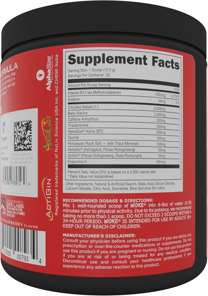 Bucked Up - Woke - HIGH STIM Pre Workout - Best Tasting - Focus Nootropic, Pump, Strength, 30 Servings (Blue Raspberry) 3