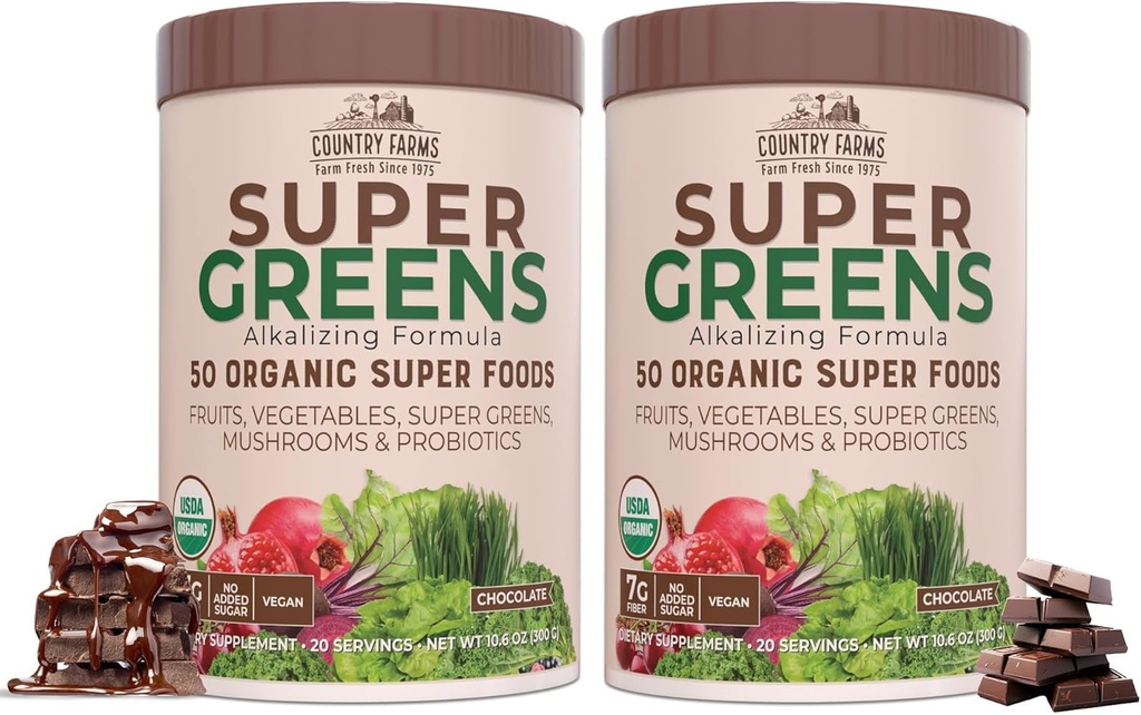 COUNTRY FARMS Super Greens Chocolate Flavor, 50 Organic Super Foods, USDA Organic Drink Mix, Fruits, Vegetables, Super Greens, Mushrooms & Probiotics, Supports Energy, 40 Servings, 10.6 Oz, 2 Pack 2