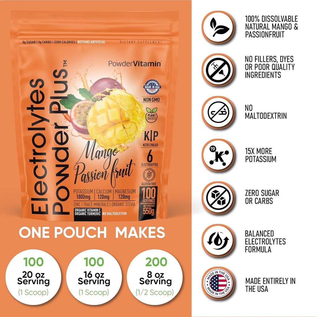 PowderVitamin Electrolytes Powder Plus (100 Servings) Strawberry Cucumber Electrolyte Powder Zero Calorie Keto,0Sugar, No Maltodextrin,1000mg Potassium,120mg Calcium,120mg Magnesium, Hydration Powder 6