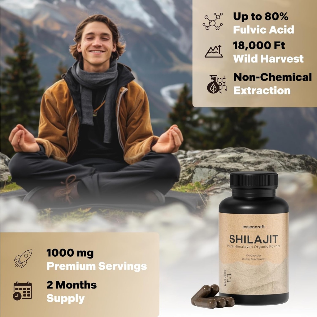 Organic Himalayan Shilajit Resin Extract - 1000mg Max Potency, Lab Tested Pure Shilajit for Men & Women, 85+ Trace Minerals Fulvic Acid, Immune Support, Energy, Cognition, 2 Month Supply, 120 Capsules 4