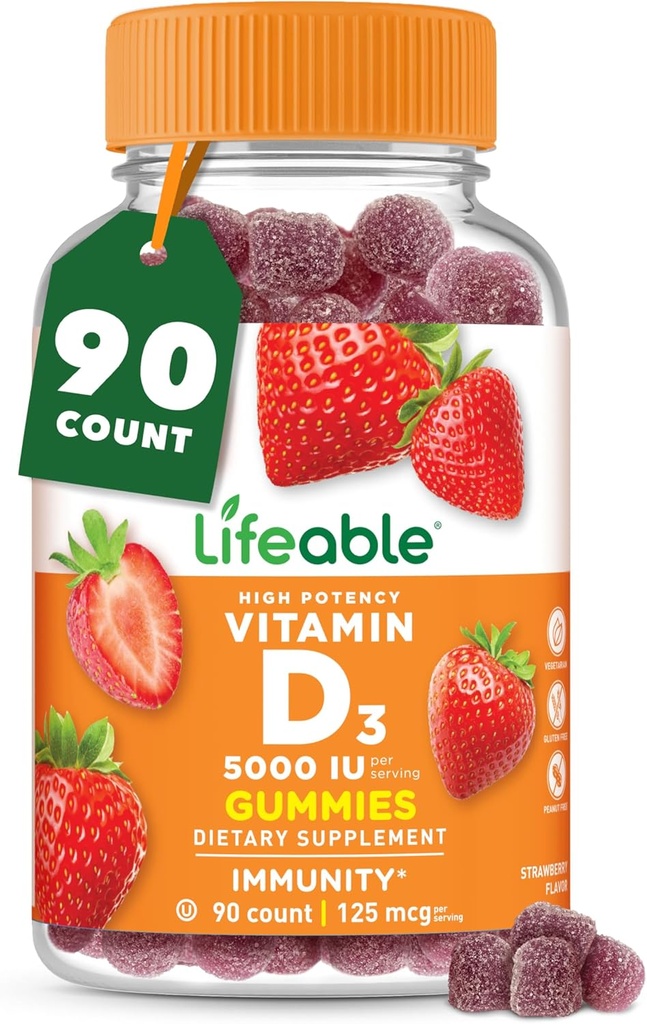 Vitamin D Gummies for Adults | 5000 IU | Great Tasting D3 Vitamin | Immune Support and Healthy Bones Vitamin D Supplement for Men, Women | 90 Gummies | Lifeable 2