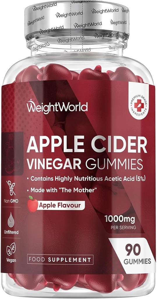 WeightWorld Apple Cider Vinegar Gummies with The Mother 1000mg - 90 Gummies - Added Vitamin B6, B12, B9 (Folic Acid) & C for Detox, Cleanse, Digestion & Metabolism - Delicious Natural Apple Flavor 2