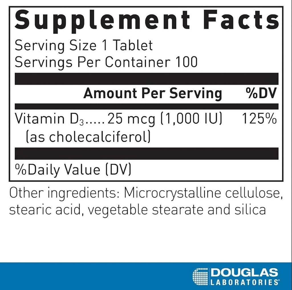 Douglas Laboratories Vitamin D 25 mcg (1,000 IU) - D3 Vitamin - For Immune Support, Bone Health & Tooth Health* - D Vitamin as Cholecalciferol - 100 Tablets 3