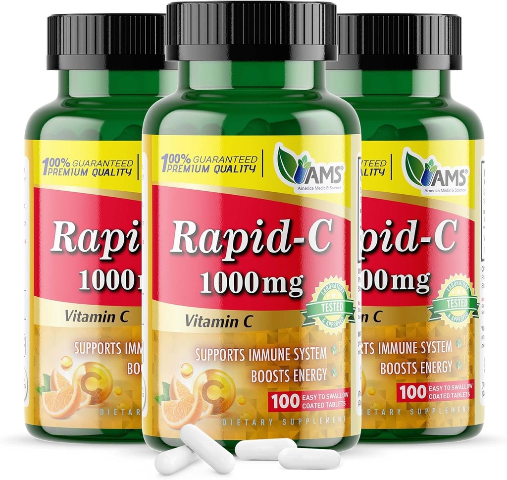 America Medic & Science Rapid-C 1000mg Vitamin C Supplement (3 Pack of 100 Tablets) Energy Booster, Daily Immune System Support, Antioxidant | Vegan, Non-GMO Coated Ascorbic Acid for Adult Men & Women 2