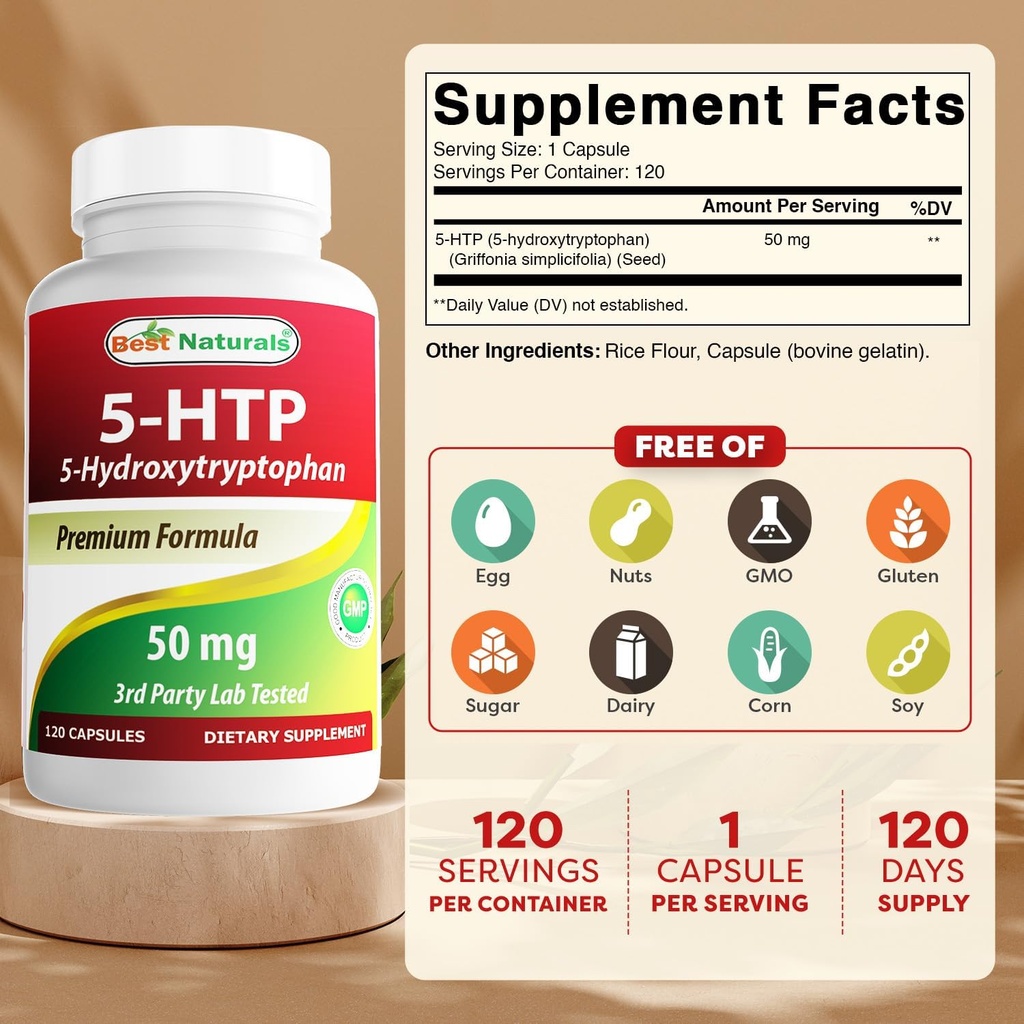 Best Naturals 5-HTP 50 mg 120 Capsules, 5 HTP Capsules Supports Relaxation & restful Sleep (360 Count(Pack of 3)) 3