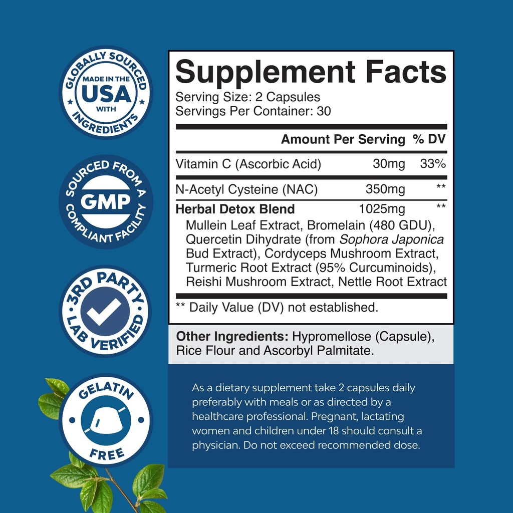 Lung Detox Mullein Leaf Capsules - Purifying Mullein Lung Cleanse Complex with NAC Quercetin & Cordyceps Extracts - Leaf Herb Respiratory Supplement for Sinus Immunity & Breathing Support 60ct 4