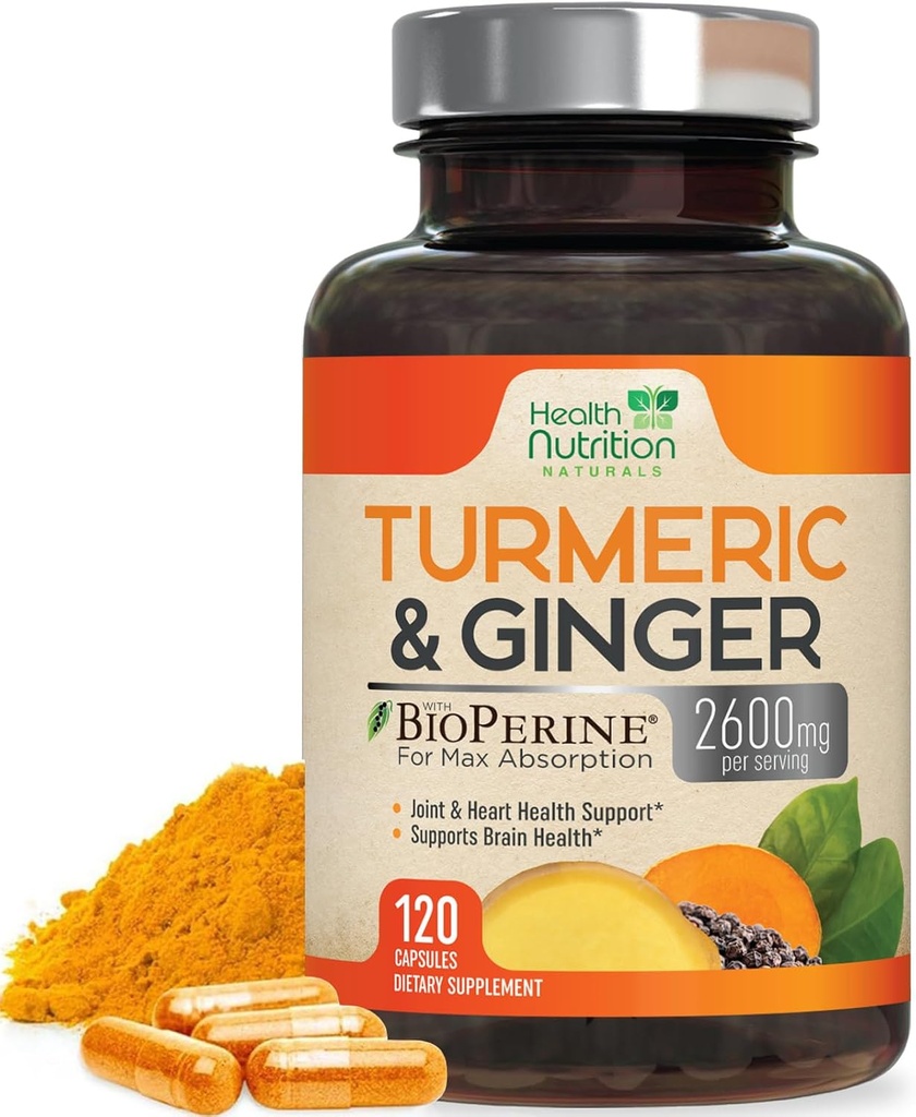 Turmeric Curcumin Supplement 2600mg - with Organic Ginger & Turmeric, 95% Curcuminoids, BioPerine Black Pepper for Best Absorption, Nature's Vegan Joint Support, Non-GMO, Bottled in USA - 120 Capsules 2