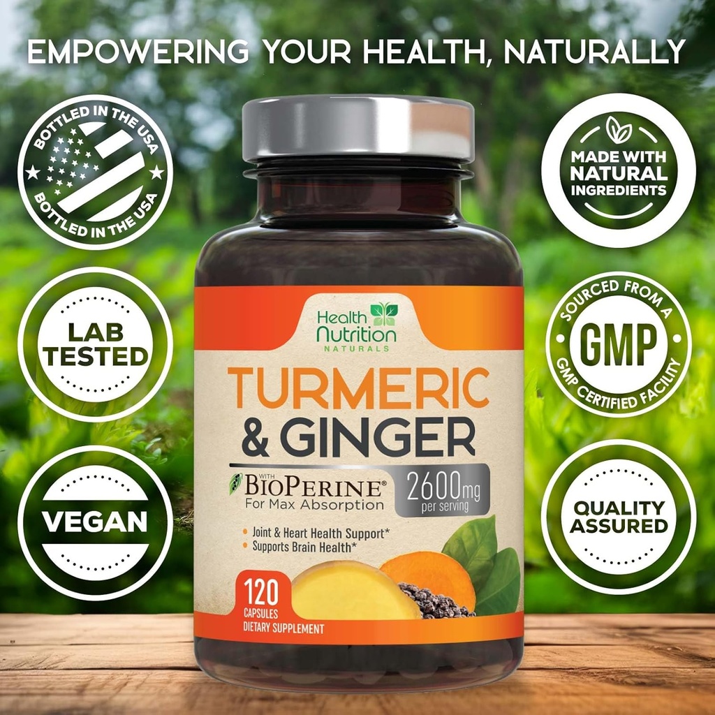 Turmeric Curcumin Supplement 2600mg - with Organic Ginger & Turmeric, 95% Curcuminoids, BioPerine Black Pepper for Best Absorption, Nature's Vegan Joint Support, Non-GMO, Bottled in USA - 120 Capsules 5