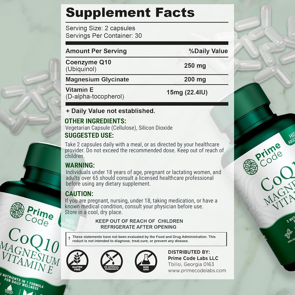 Prime Code [ 3 𝐢𝐧 𝟏] CoQ10 250mg with Magnesium Glycinate and Vitamin E | CoQ10 Capsules 250mg | Magnesium Glycinate 200mg | Vitamin E 15mg | Non-GMO | Gluten & Soy Free | Vegan 3